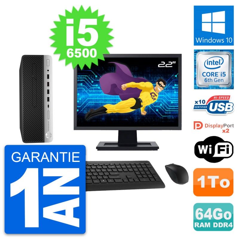 HP ProDesk 600 G3 SFF Computer, 22" Screen, Intel i5-6500, 64GB RAM, 1TB HDD, Windows 10, WiFi