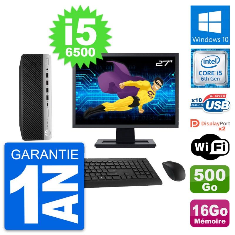 HP ProDesk 600 G3 SFF Desktop Computer - 27" Screen, Intel i5-6500, 16GB RAM, 500GB Storage, Windows 10, WiFi
