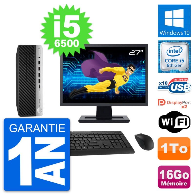 HP ProDesk 600 G3 SFF PC - 27" Screen, Intel i5-6500, 16GB RAM, 1TB HDD, Windows 10, WiFi