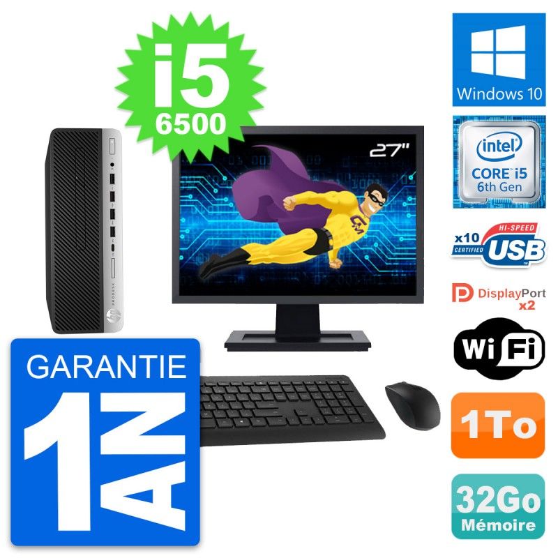 HP ProDesk 600 G3 SFF Desktop Computer - 27" Screen, Intel i5-6500, 32GB RAM, 1TB HDD, Windows 10, WiFi