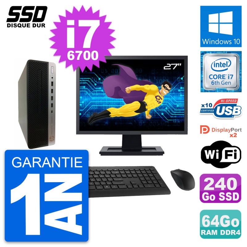 HP ProDesk 600 G3 SFF Desktop PC - 27" Screen, i7-6700, 64GB RAM, 240GB SSD, Windows 10, Wifi