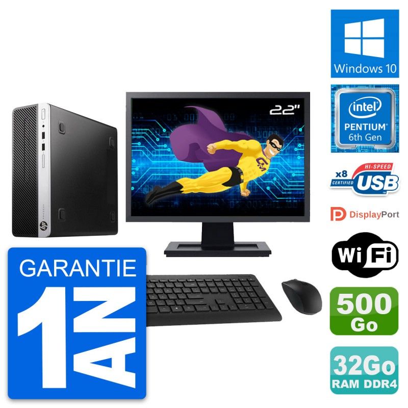 HP ProDesk 400 G4 SFF Desktop Computer, 22" Screen, Intel Pentium G4400, 32GB RAM, 500GB Hard Drive