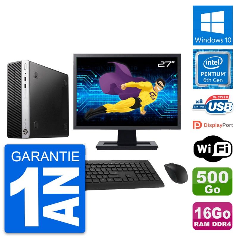 HP ProDesk 400 G4 SFF Desktop PC - 27" Screen, Intel Pentium G4400, 16GB RAM, 500GB Hard Drive, Windows 10, WiFi