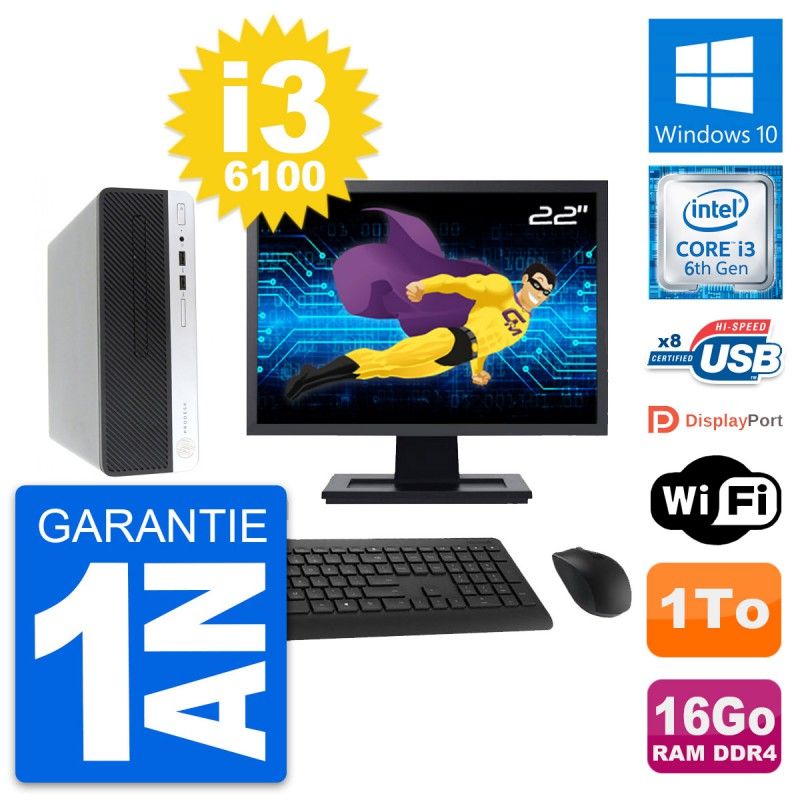 HP ProDesk 400 G4 SFF Computer, 22" Screen, Intel i3-6100, 16GB RAM, 1TB HDD, Windows 10, WiFi
