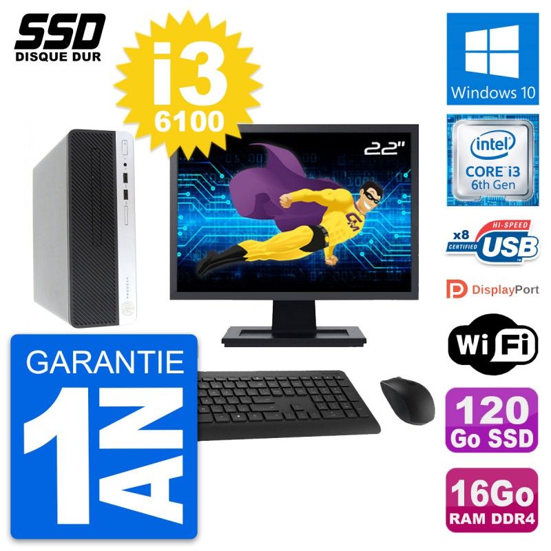 Ordinateur de bureau HP ProDesk 400 G4 SFF, écran 22'', i3-6100, 16 Go RAM, 120 Go SSD, Windows 10, Wifi