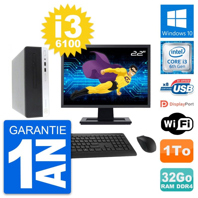 HP ProDesk 400 G4 SFF Computer - 22" Screen, Intel i3-6100, 32GB RAM, 1TB HDD, Windows 10