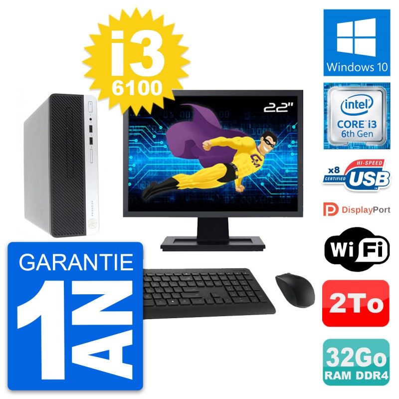 HP ProDesk 400 G4 SFF PC - 22" Screen, Intel i3-6100, 32GB RAM, 2TB HDD, Windows 10, WiFi
