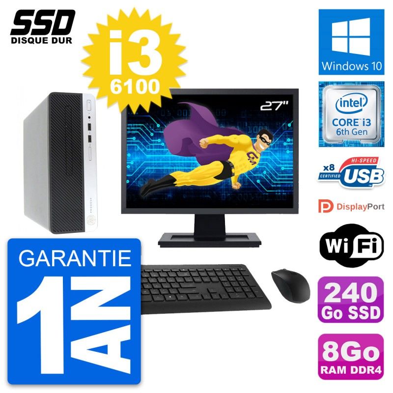HP ProDesk 400 G4 SFF Computer, 27" Screen, Intel Core i3-6100, 8GB RAM, 240GB SSD, Windows 10, WiFi