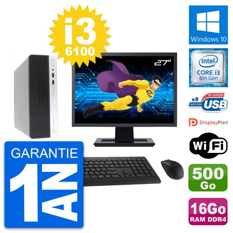 HP ProDesk 400 G4 SFF Computer - 27" Screen, Intel i3-6100, 16GB RAM, 500GB HDD, Windows 10, WiFi