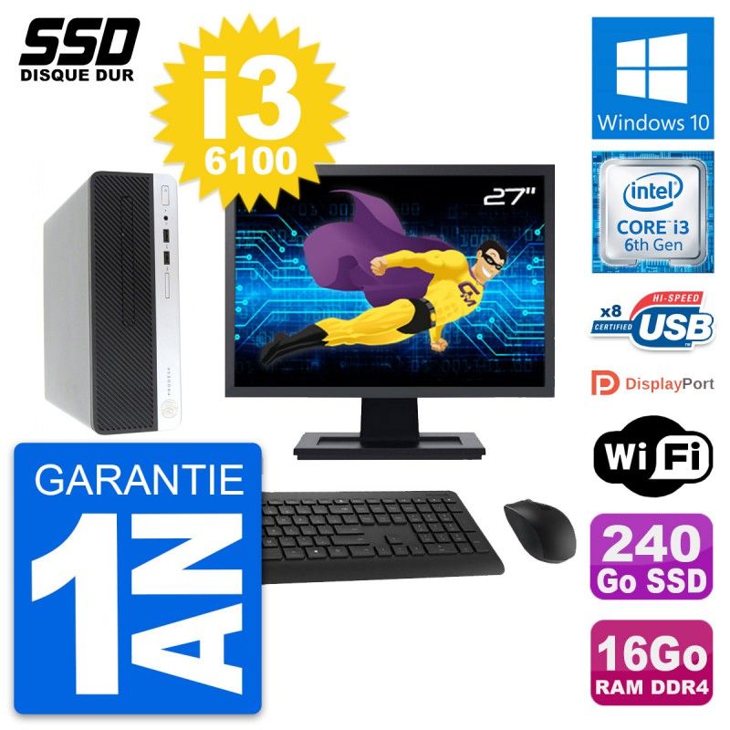 HP ProDesk 400 G4 SFF Computer - 27" Screen, i3-6100, 16GB RAM, 240GB SSD, Windows 10, Wifi