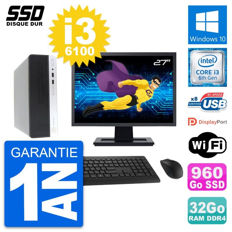 HP ProDesk 400 G4 SFF Computer - 27" Screen, i3-6100, 32GB RAM, 960GB SSD, Windows 10, Wifi