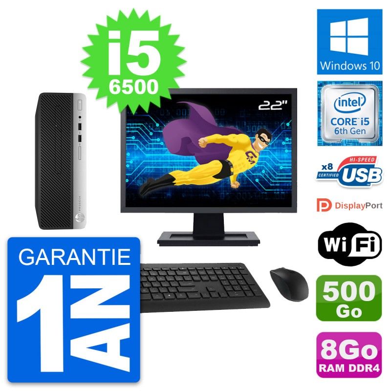 HP ProDesk 400 G4 SFF Computer - 22" Screen, i5-6500, 8GB RAM, 500GB HDD, Windows 10, Wifi