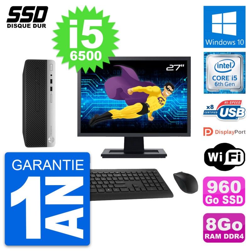 HP ProDesk 400 G4 SFF Computer - 27" Screen, Intel Core i5-6500, 8GB RAM, 960GB SSD, Windows 10, Wifi