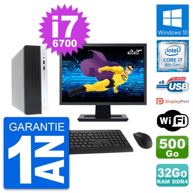 HP ProDesk 400 G4 SFF Computer, 22" Screen, Intel i7-6700, 32GB RAM, 500GB HDD, Windows 10, WiFi