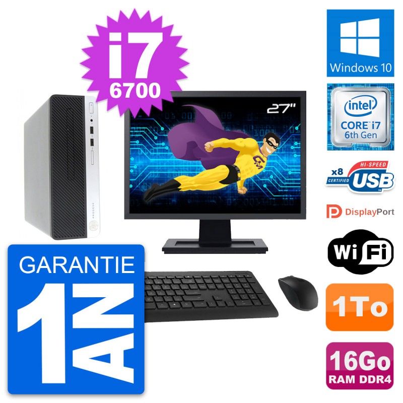 HP ProDesk 400 G4 SFF Desktop Computer - 27" Screen, Intel i7-6700, 16GB RAM, 1TB HDD, Windows 10, WiFi