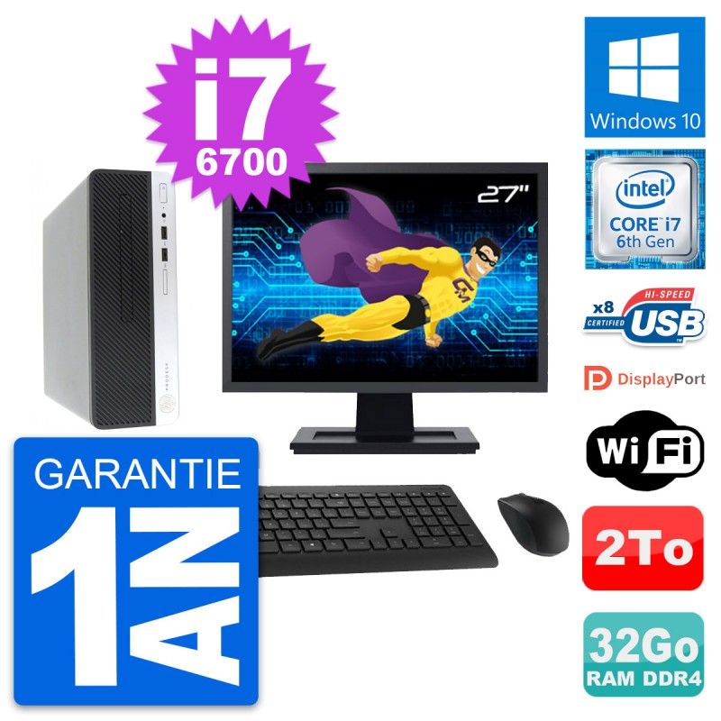 HP ProDesk 400 G4 SFF PC - 27" Screen, Intel i7-6700, 32GB RAM, 2TB HDD, Windows 10, WiFi