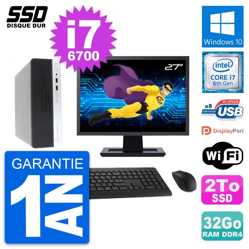 HP ProDesk 400 G4 SFF Computer - 27" Screen, Core i7-6700, 32GB RAM, 2TB SSD, Windows 10, Wi-Fi