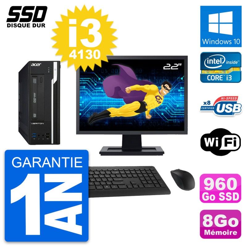 Acer Veriton X2632G SFF Desktop Computer, 22" Screen, i3-4130, 8GB RAM, 960GB SSD, Windows 10, Wifi