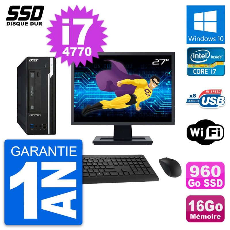 Acer Veriton X2632G SFF Desktop Computer, 27" Screen, Intel i7-4770, 16GB RAM, 960GB SSD, Windows 10, WiFi
