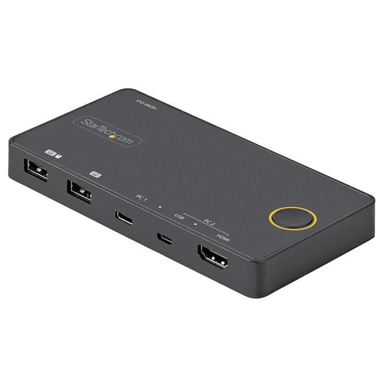 Conmutador KVM híbrido de 2 puertos de StarTech.com con USB-A + HDMI y USB-C - Pantalla única HDMI 4K 60 Hz - Conmutador de teclado, ratón y audio para ordenador de sobremesa o portátil compacto - Alimentado por USB - Compatible con Thunderbolt 3 (SV221HUC4K)