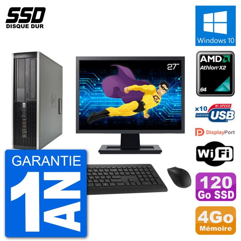 HP 6005 SFF PC - 27" Screen, AMD Athlon II X2 B24, 4GB RAM, 120GB SSD, Windows 10, WiFi