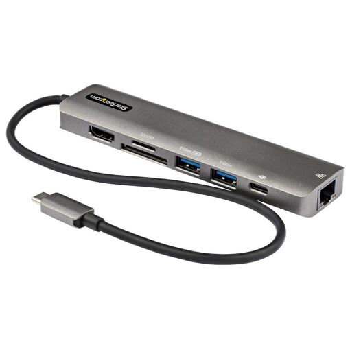 Adaptateur multiport StarTech.com USB-C - USB Type C vers HDMI 2.0 4K 60Hz, alimentation 100W en passage, SD/MicroSD, hub 2 ports USB 3.0 - Gigabit Ethernet - Mini dock USB-C - Câble intégré 30 cm (DKT30CHSDPD)