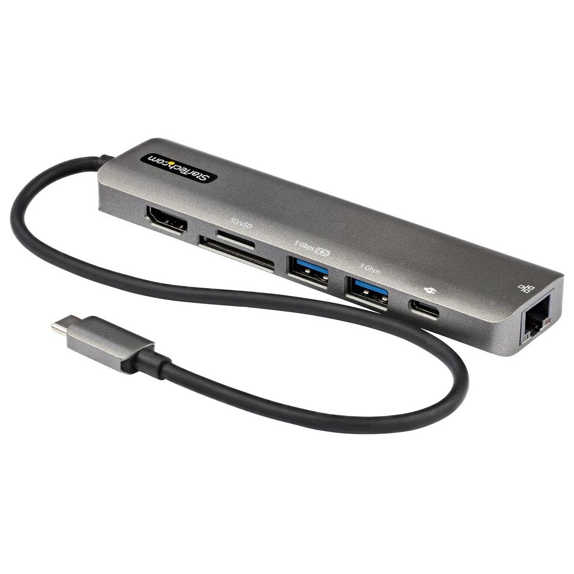 StarTech.com USB-C Multiport Adapter - USB Type C to HDMI 2.0 4K 60Hz, Power 100W Passthrough, SD/MicroSD, 2x USB 3.0 Ports - Gigabit Ethernet - Mini USB-C Dock - Integrated Cable 30cm (DKT30CHSDPD)