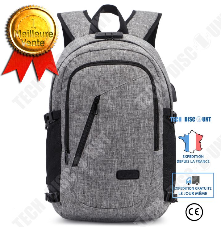 TECH DISCOUNT Anti-Theft Laptop Backpack 15.6 Inch Waterproof with USB Charging Port Business Casual Bag - Grey