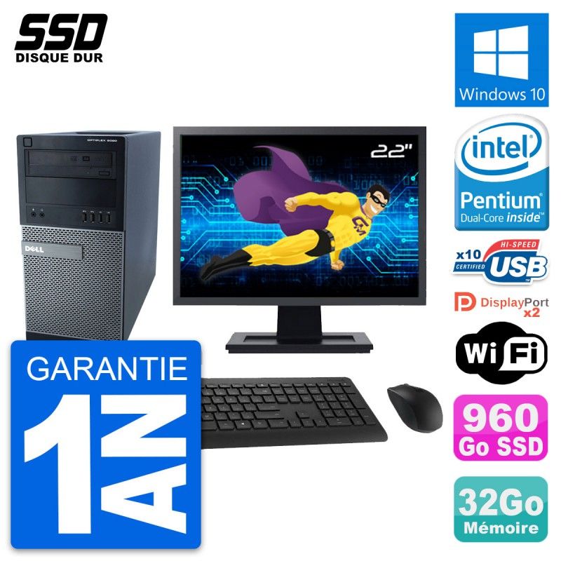 Dell Optiplex 9020 Desktop PC - 22" Screen, Pentium G3220, 32GB RAM, 960GB SSD, Windows 10, WiFi