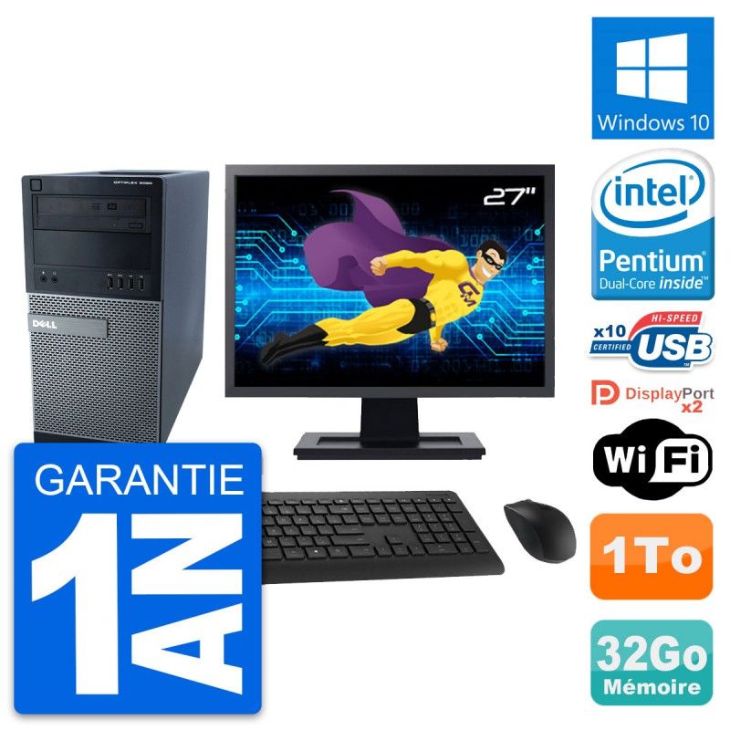 Dell Optiplex 9020 Desktop PC - 27" Screen, Intel Pentium G3220, 32GB RAM, 1TB HDD, Windows 10, WiFi