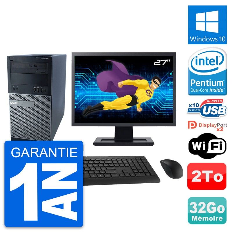 Dell Optiplex 9020 Desktop PC - 27" Display, Intel Pentium G3220, 32GB RAM, 2TB Storage, Windows 10, WiFi