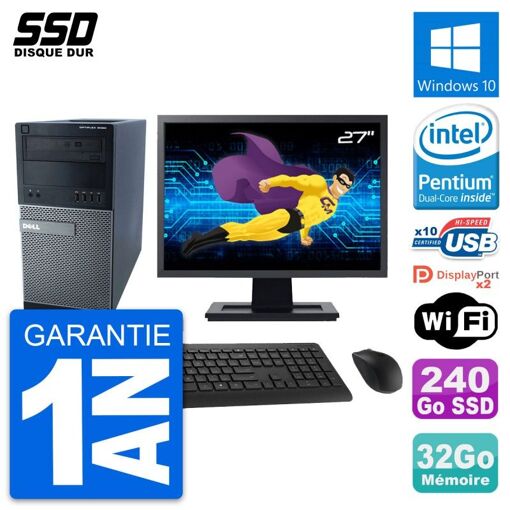 PC de escritorio Dell Optiplex 9020 - Pantalla de 27', Procesador Pentium G3220, 32GB de RAM, 240GB SSD, Windows 10, WiFi