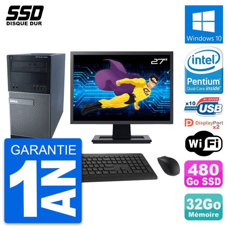 Dell Optiplex 9020 Desktop Computer, 27-inch Screen, Pentium G3220, 32GB RAM, 480GB SSD, Windows 10, WiFi
