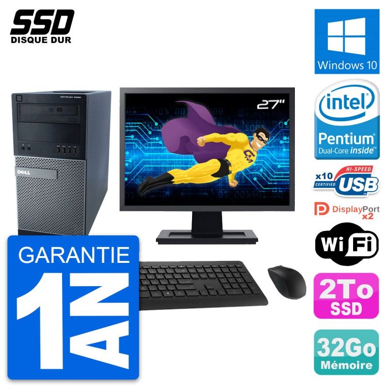 Dell Optiplex 9020 Desktop PC - 27" Screen, Intel Pentium G3220, 32GB RAM, 2TB SSD, Windows 10, Wi-Fi
