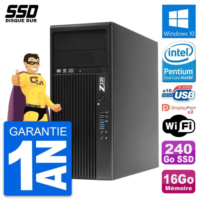 Ordinateur de bureau HP WorkStation Z230 - Processeur Intel Pentium Dual-Core G3220, 16 Go de RAM, 240 Go SSD, Windows 10, WiFi