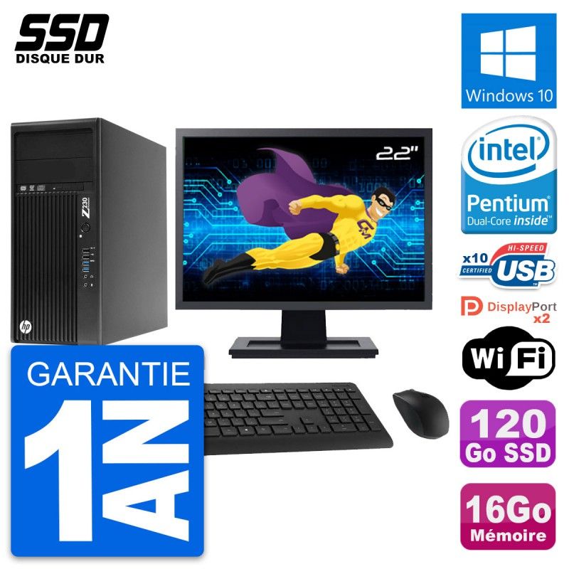HP Z230 Desktop Computer, 22" Screen, Intel Pentium G3220, 16GB RAM, 120GB SSD, Windows 10, WiFi