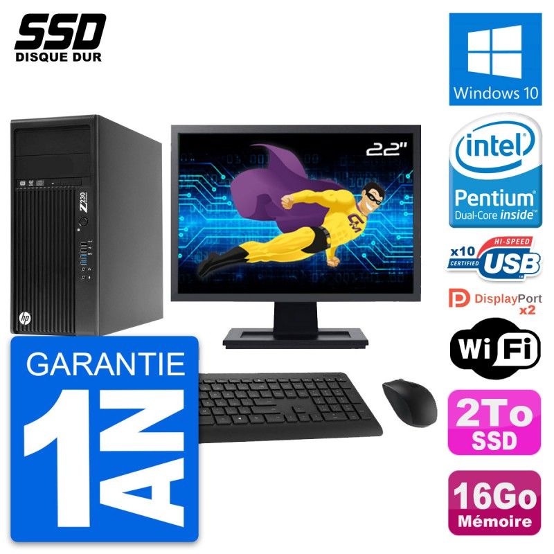 HP Z230 Workstation PC - 22" Screen, Intel Pentium G3220, 16GB RAM, 2TB SSD, Windows 10, WiFi