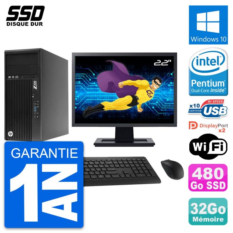 HP Z230 Desktop Computer - 22" Screen, Intel Pentium G3220, 32GB RAM, 480GB SSD, Windows 10, WiFi
