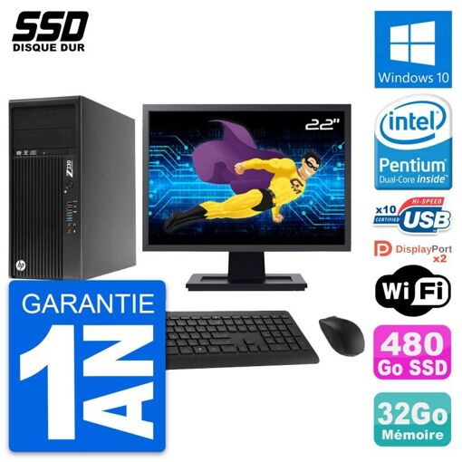 HP Z230 Desktop Computer - 22" Screen, Intel Pentium G3220, 32GB RAM, 480GB SSD, Windows 10, WiFi