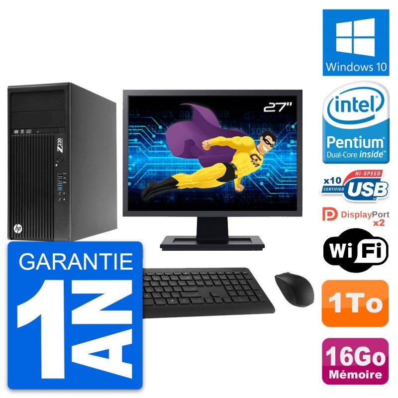 HP Z230 Workstation Computer - 27" Screen, Pentium G3220, 16GB RAM, 1TB HDD, Windows 10, WiFi