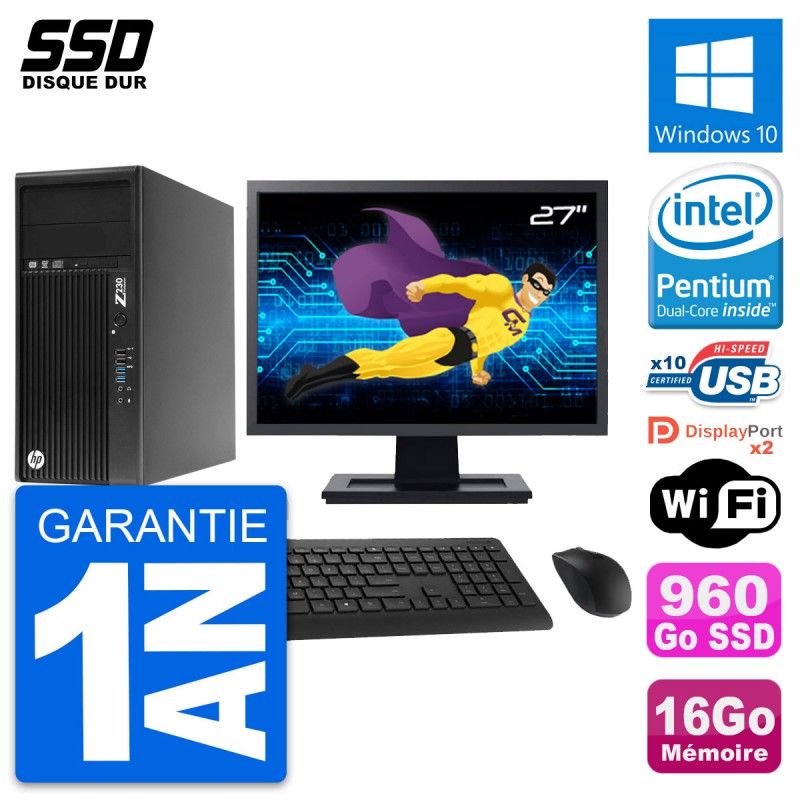HP Z230 Workstation Computer - 27" Screen, Intel Pentium G3220, 16GB RAM, 960GB SSD, Windows 10, WiFi