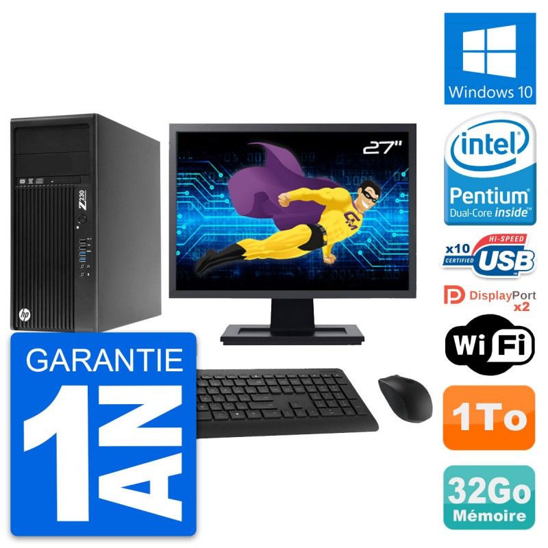 HP Z230 Desktop Computer 27" Screen, Pentium G3220, 32GB RAM, 1TB Hard Drive, Windows 10, WiFi