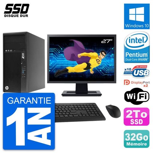 HP Z230 Workstation PC - 27" Screen, Intel Pentium G3220, 32GB RAM, 2TB SSD, Windows 10, WiFi