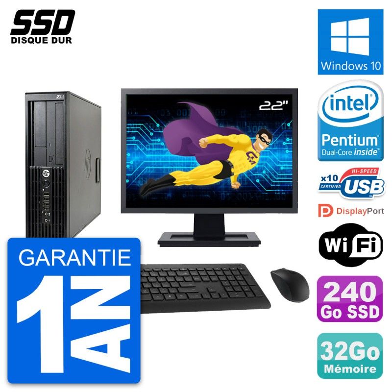 HP Z210 SFF Desktop Computer, 22" Screen, Intel Pentium G630, 32GB RAM, 240GB SSD, Windows 10, WiFi