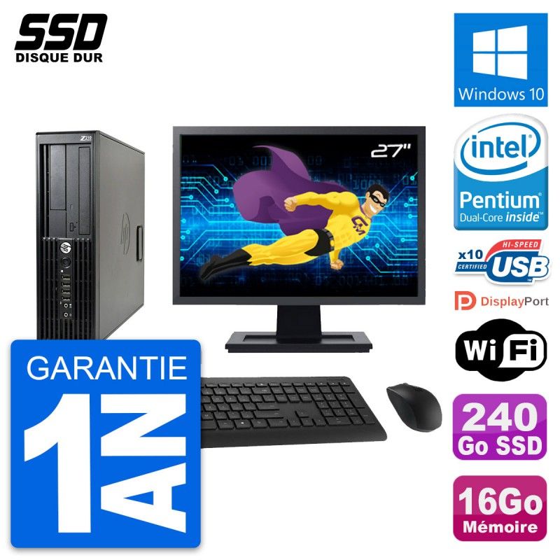 HP Z210 SFF Desktop Computer - 27" Screen, Intel Pentium G630, 16GB RAM, 240GB SSD, Windows 10, WiFi