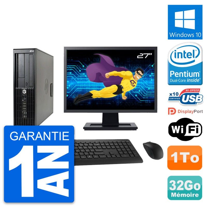 HP Z210 SFF Desktop Computer, 27" Screen, Intel Pentium G630, 32GB RAM, 1TB HDD, Windows 10, WiFi