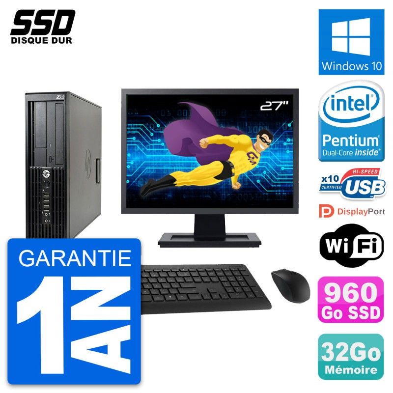 HP Z210 SFF Desktop Computer, 27" Screen, Intel Pentium G630, 32GB RAM, 960GB SSD, Windows 10, WiFi