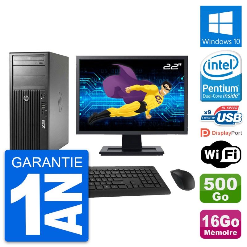 HP Z210 Workstation Computer - 22 inch Screen, Intel G630, 16GB RAM, 500GB Hard Drive, Windows 10, WiFi