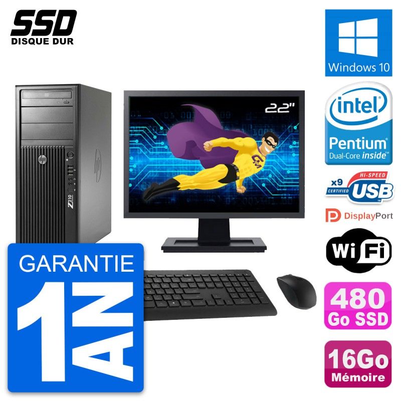HP Z210 Workstation PC - 22" Screen, Intel Pentium G630, 16GB RAM, 480GB SSD, Windows 10, WiFi