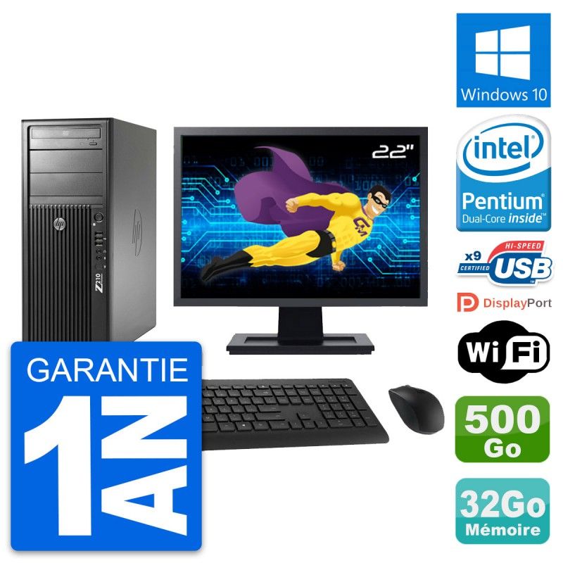 Station de travail HP Z210 - Écran 22'', Processeur Intel G630, 32 Go de RAM, Disque dur 500 Go, Windows 10, WiFi